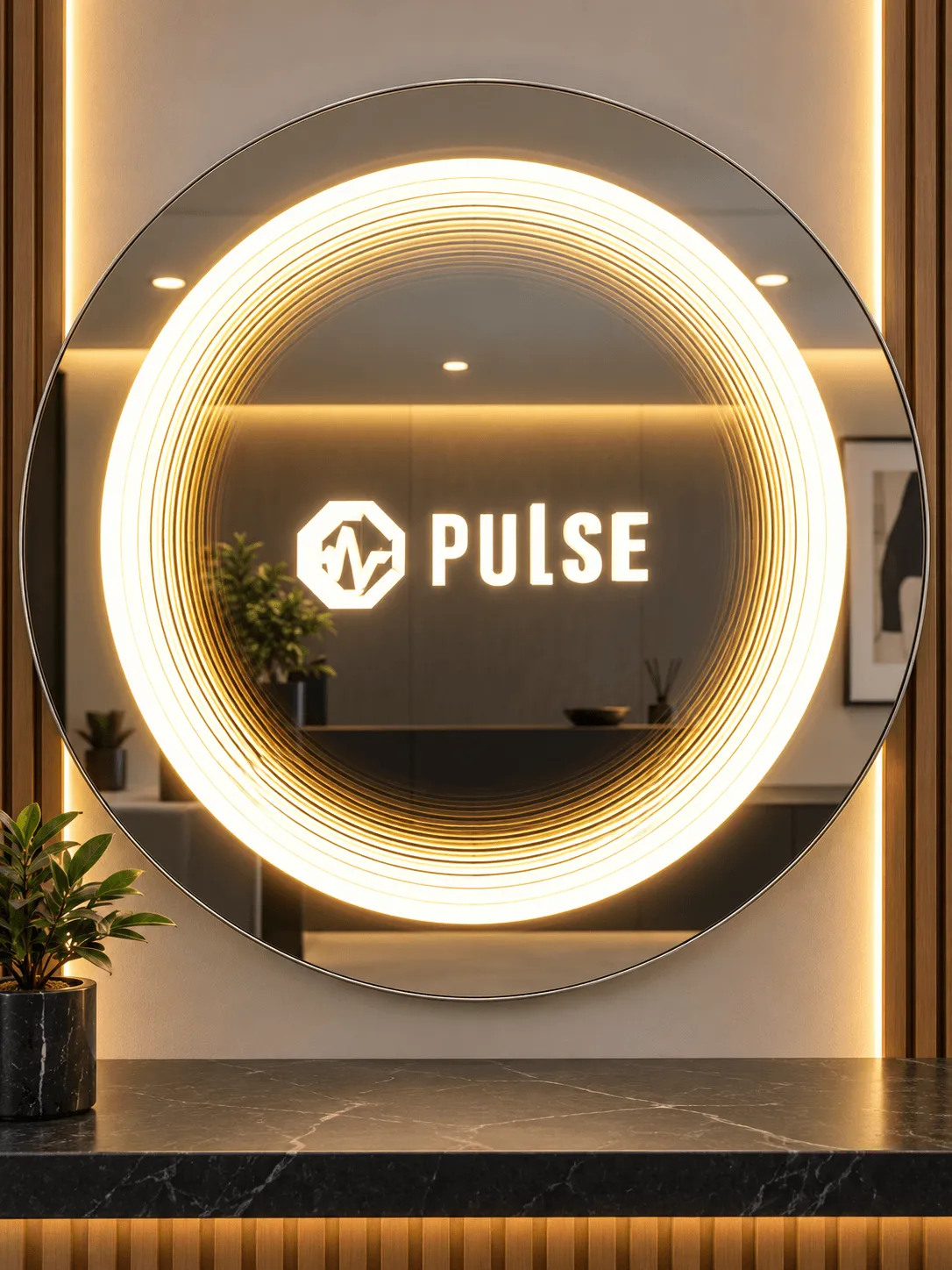 Круглое зеркало с эффектом бесконечности и логотипом PULSE